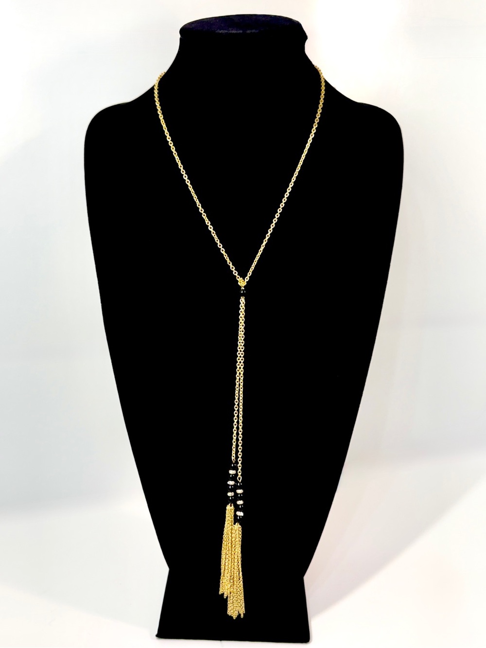 Ettika Los Angeles NWT Gold Long Chain Convertible Tassel Necklace Black Bead